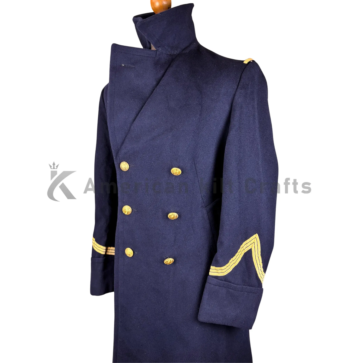 Side view of U.S. Navy officer double-breasted reefer jacket with classic French naval peacoat design.