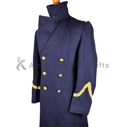 Side view of U.S. Navy officer double-breasted reefer jacket with classic French naval peacoat design.