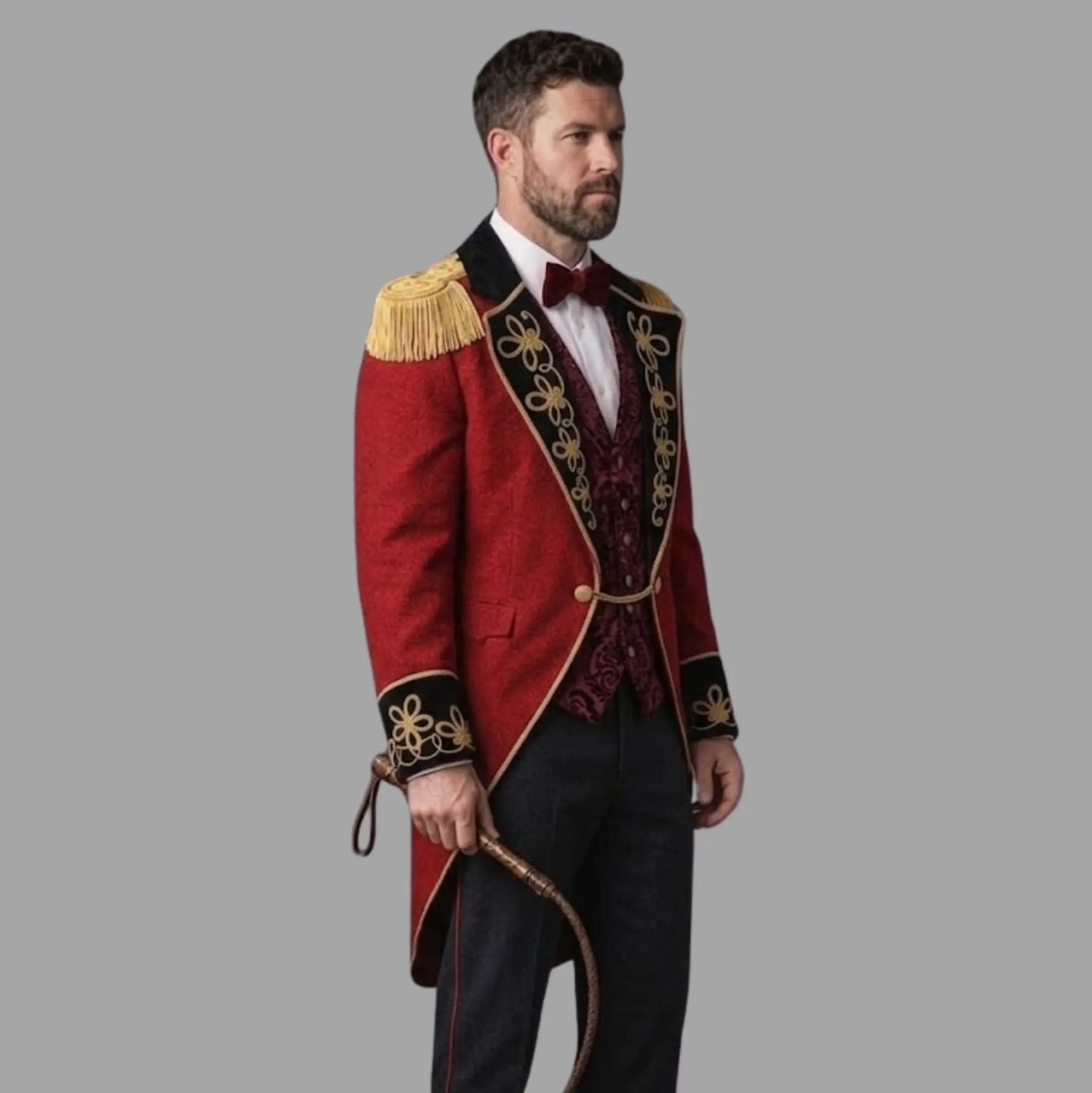 Side view of men’s red Ringmaster tailcoat showing its tailored silhouette, long coat length, and Victorian-inspired design.
