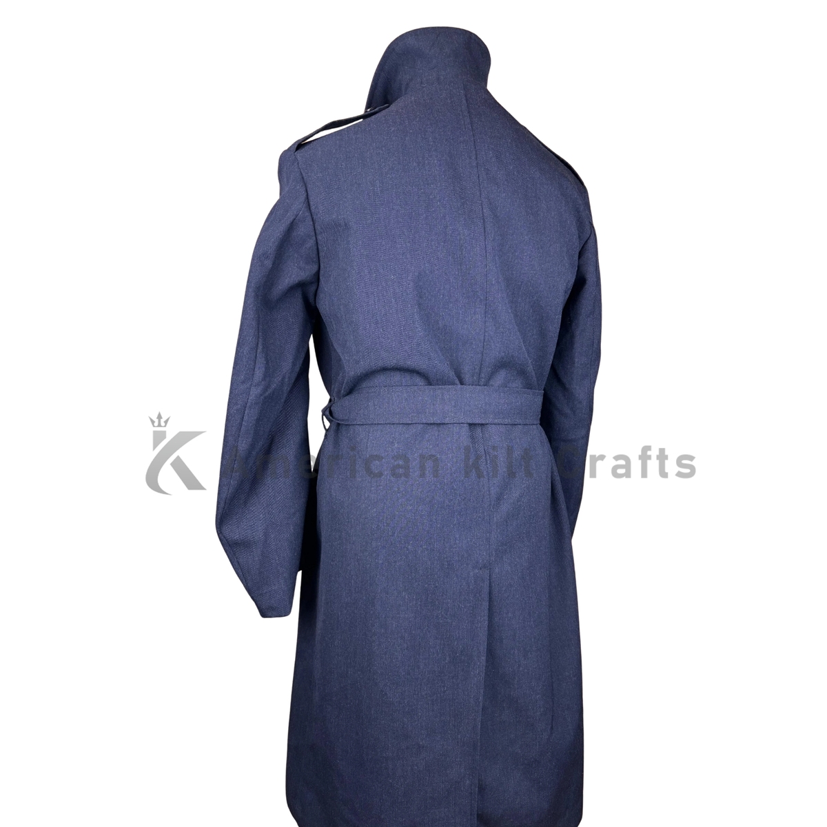 Back view of navy blue vintage military inspired winter coat featuring a tailored silhouette and belted waist.