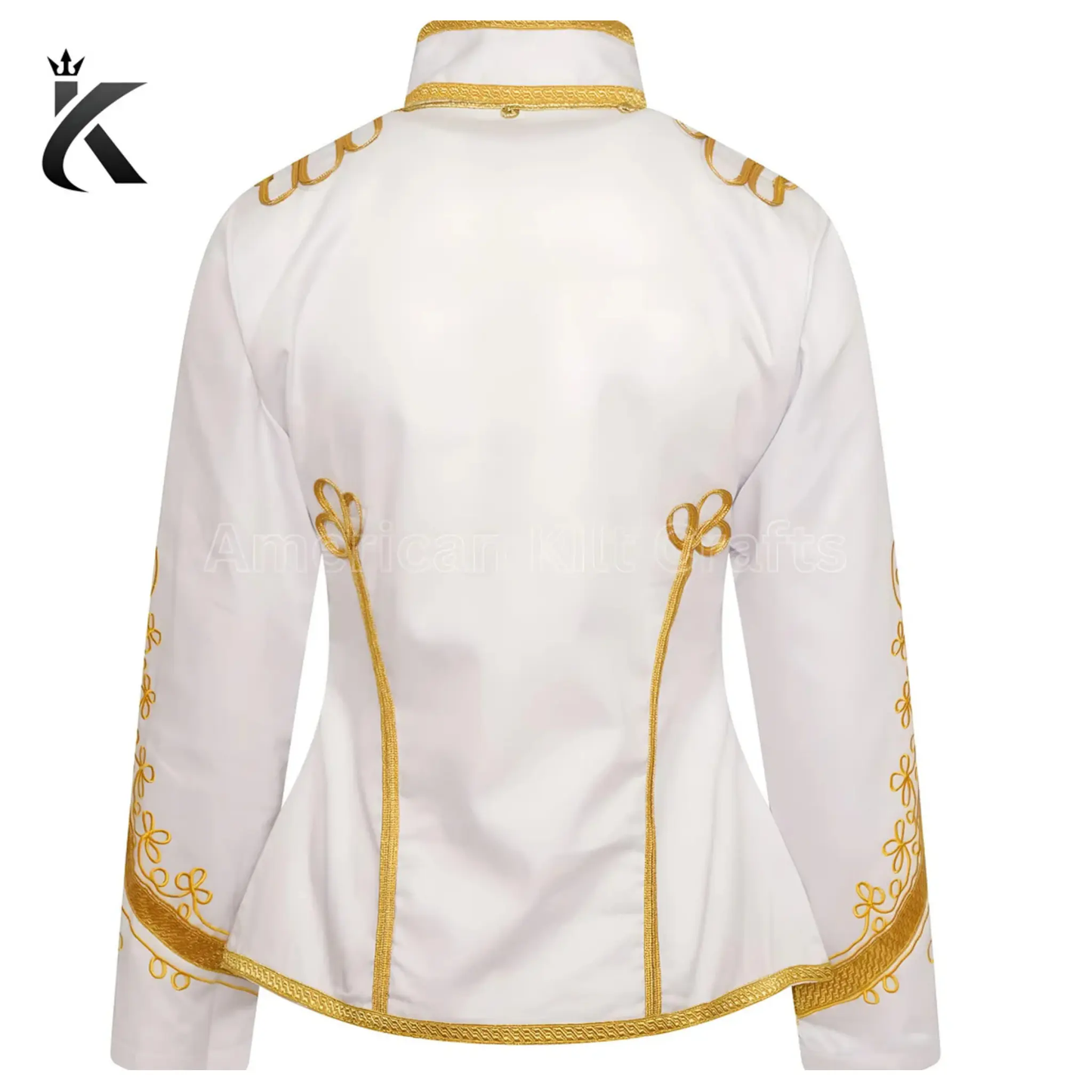 Back view of white military drummer jacket featuring structured tailoring and classic marching band design.