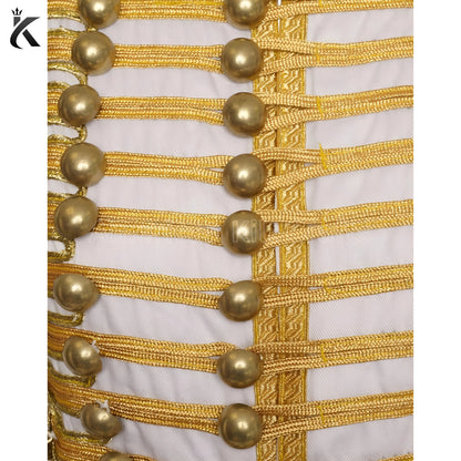 Close-up of white military drummer jacket showing decorative trim and detailed craftsmanship.