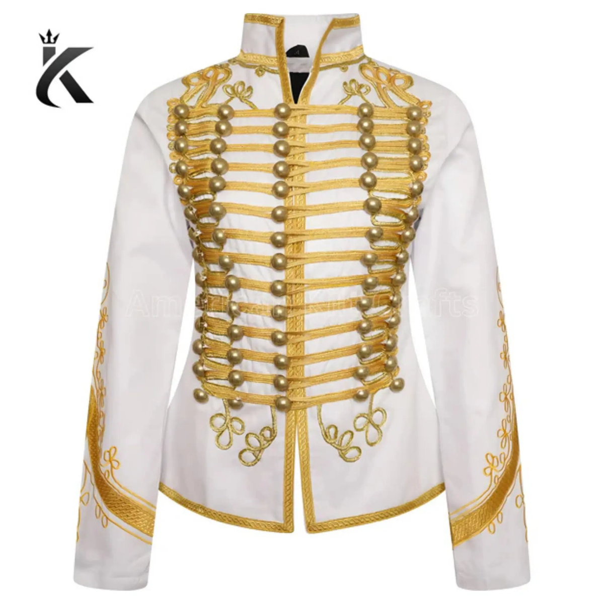 White military drummer jacket front view with marching band styling, decorative trim, and tailored fit.