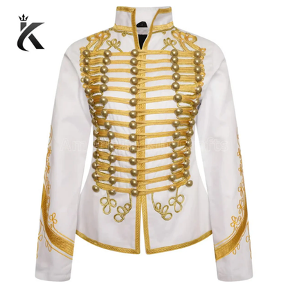White military drummer jacket front view with marching band styling, decorative trim, and tailored fit.