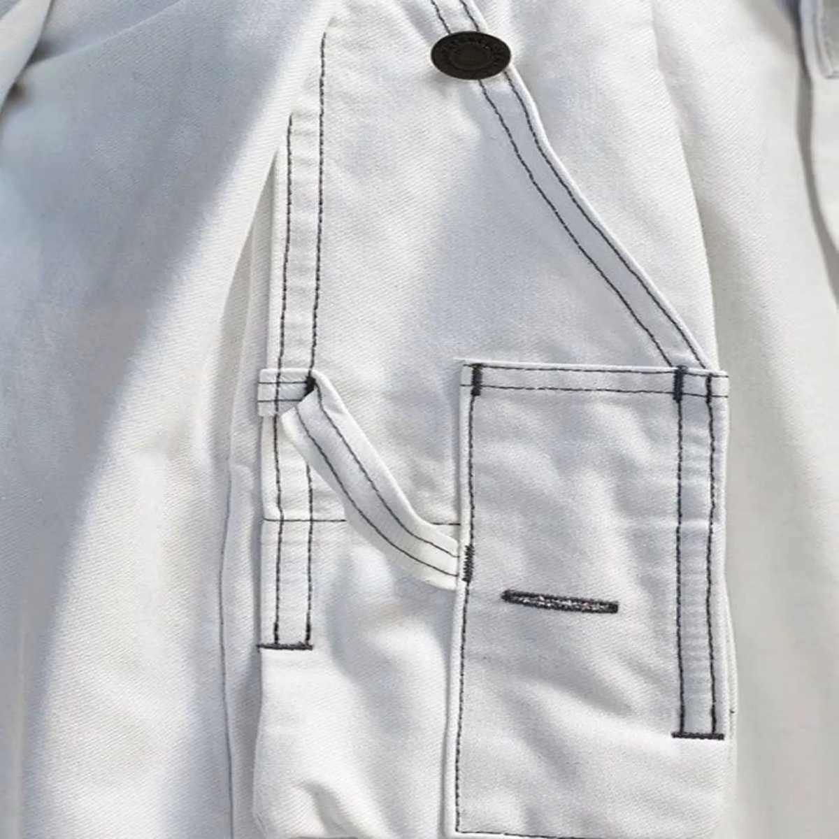 Close-up of men's white utility work kilt highlighting cargo pocket details, reinforced stitching, belt loops, and durable workwear-style fabric.