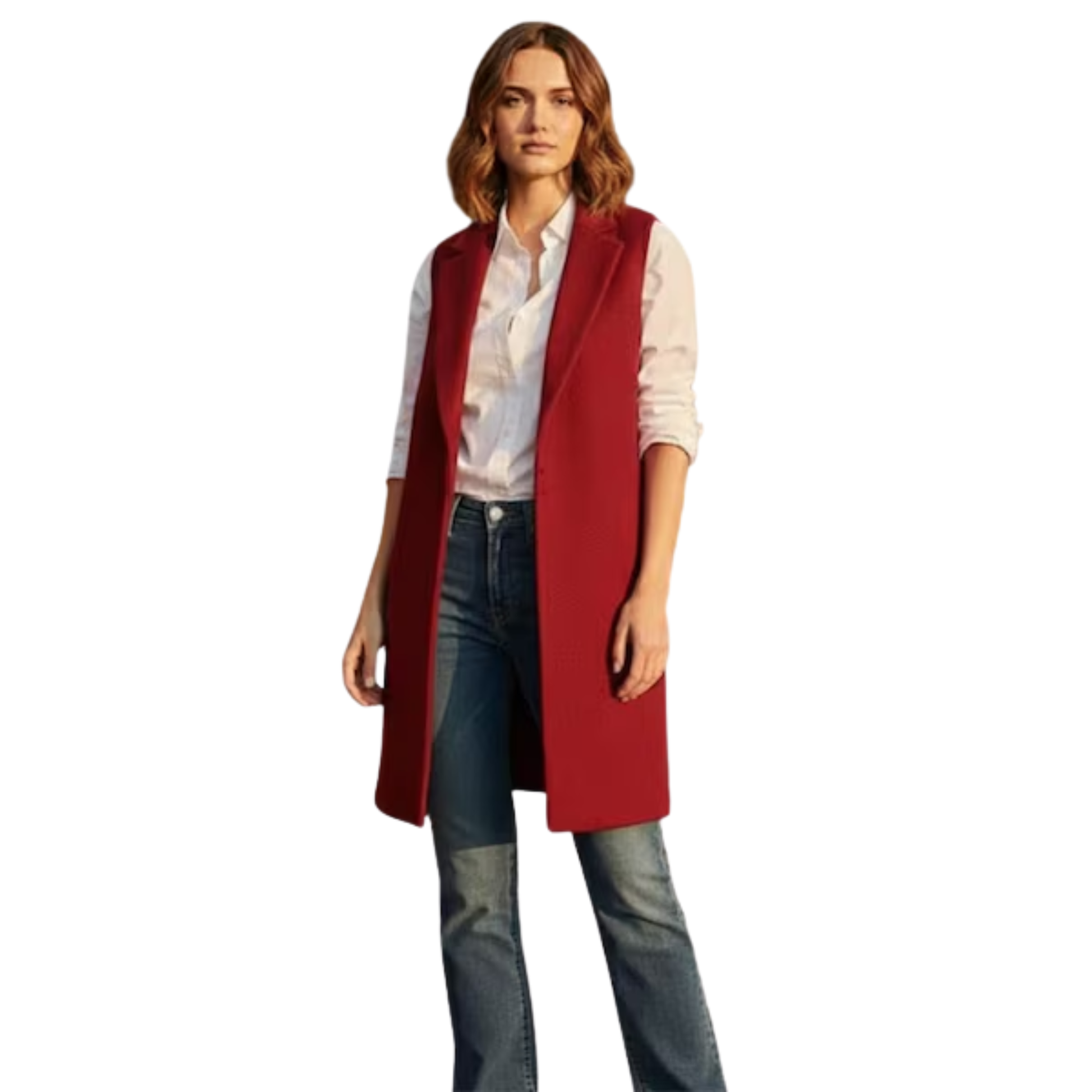 Front view of women’s wool blend longline vest coat with sleeveless design, clean silhouette, and practical side pockets.