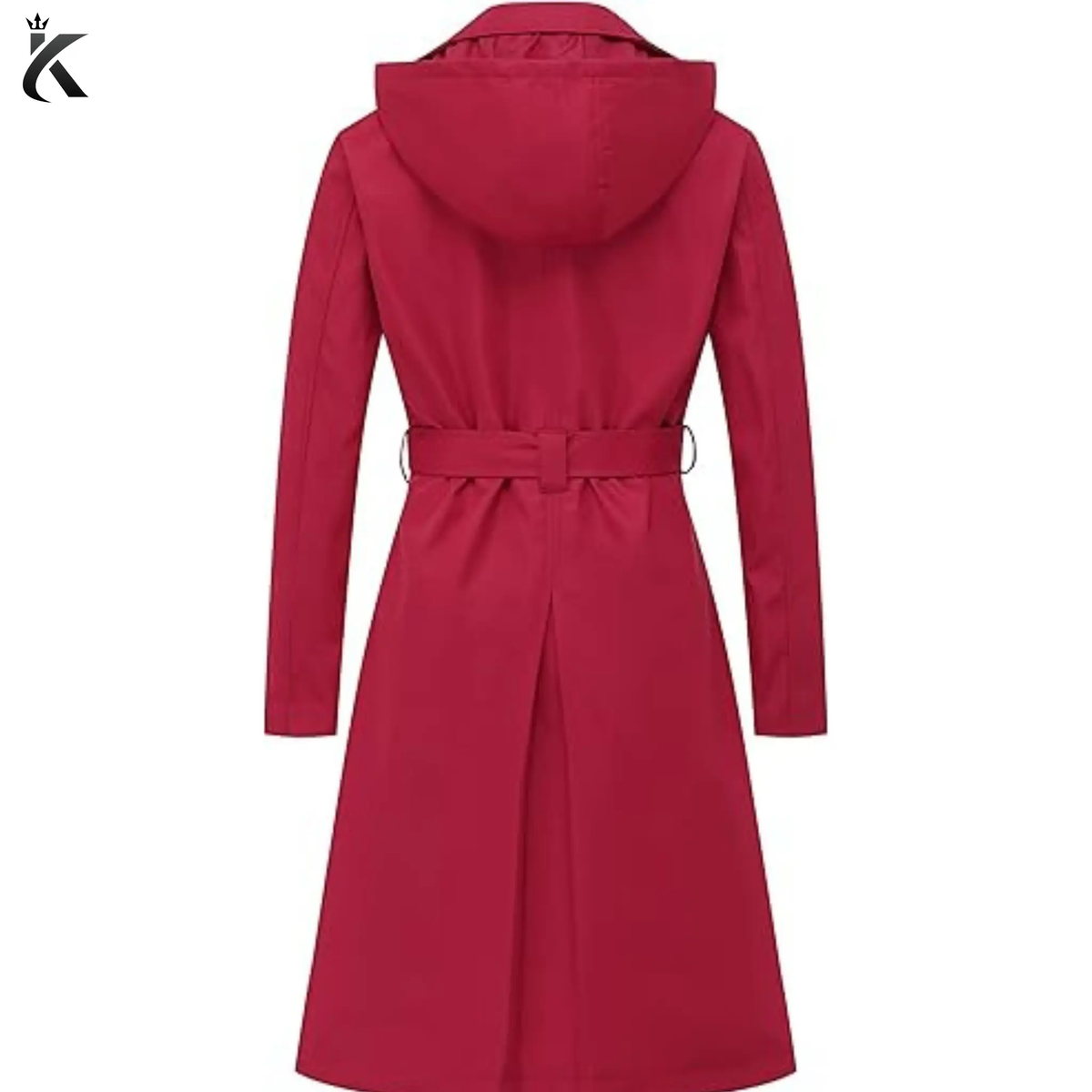 Back view of women’s double-breasted trench coat showing the detachable hood, belted waist, structured shoulders, and tailored long overcoat design.
