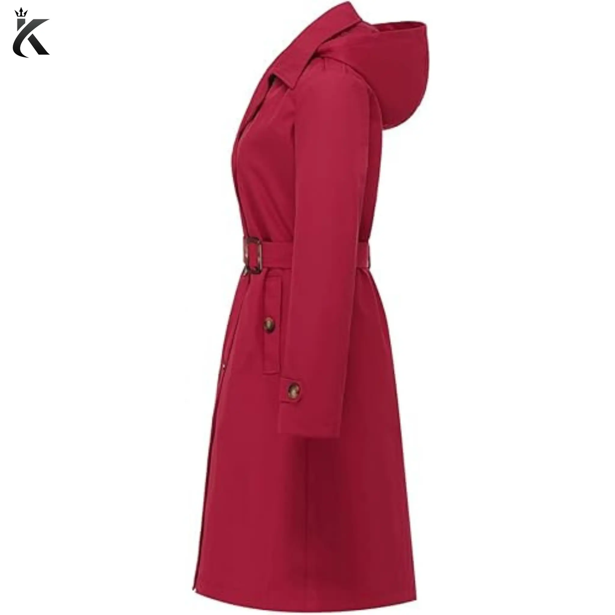 Side view of women’s long trench coat showing the detachable hood, adjustable waist belt, structured fit, and elegant mid-length overcoat silhouette.
