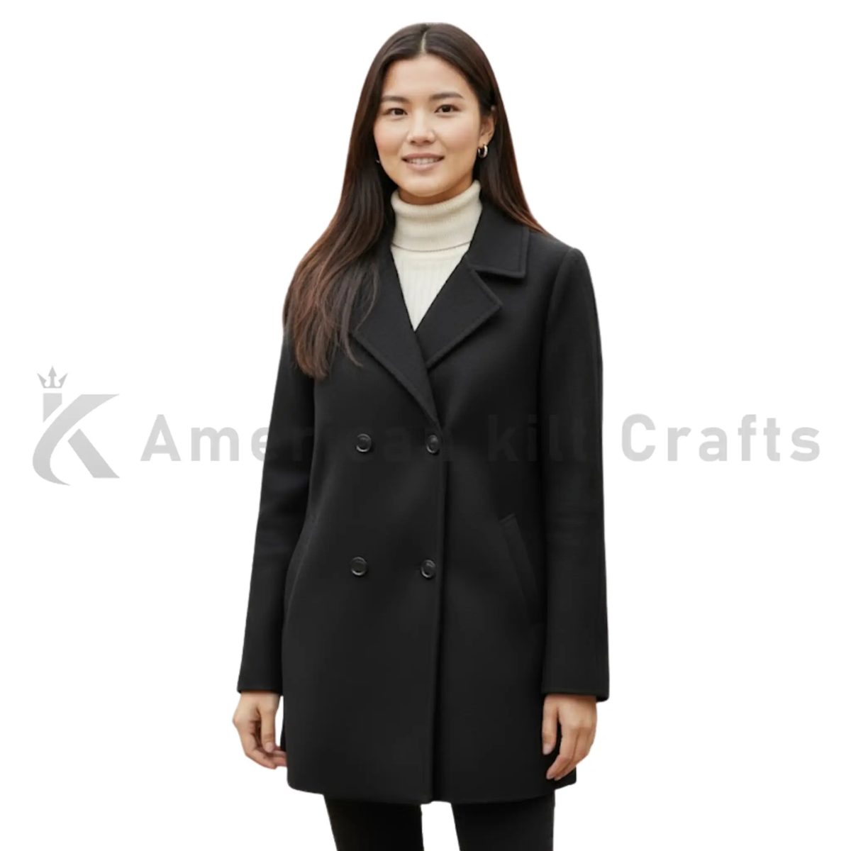 Front view of women’s black double-breasted wool coat featuring a classic pea coat design and knee-length winter silhouette.