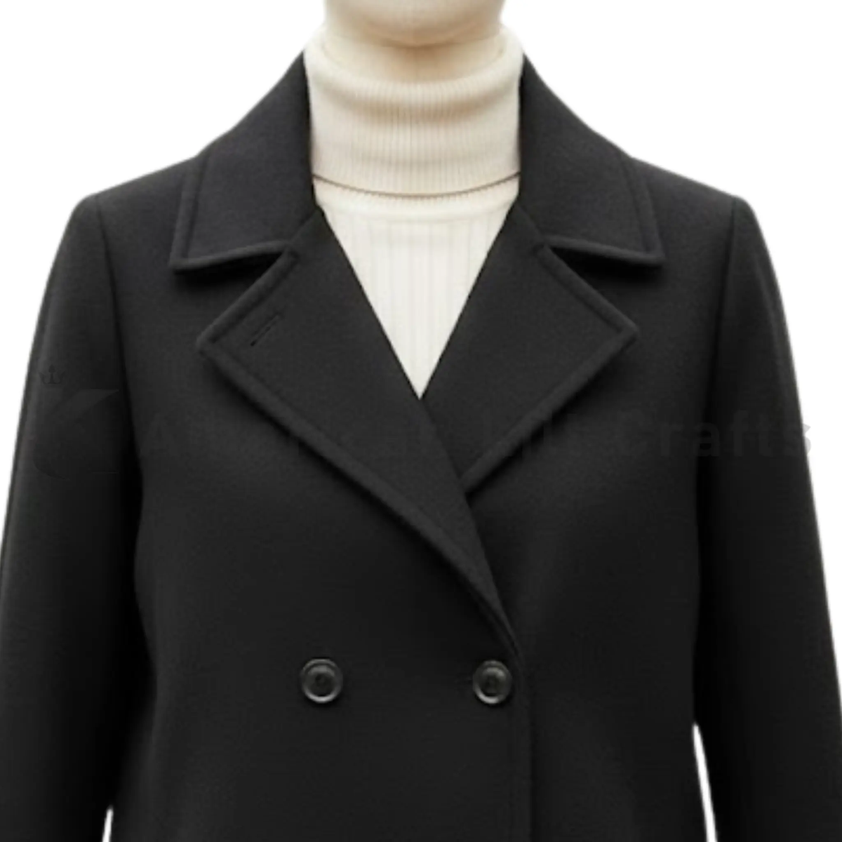 Close-up view of women’s black wool coat showing the double-breasted button details, lapels, fabric texture, and tailored finish.