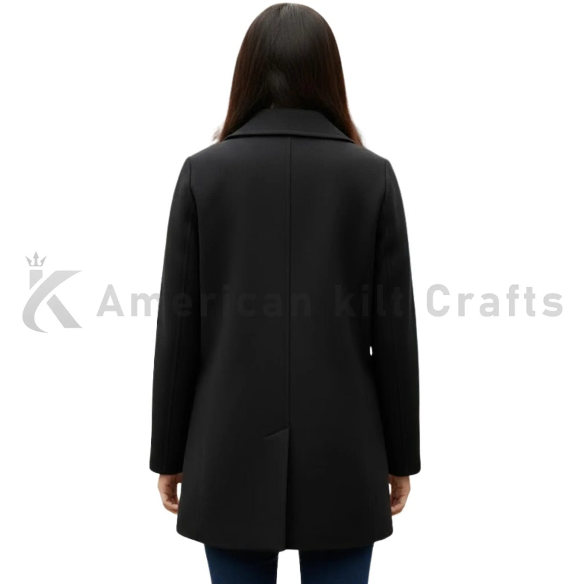 Back view of women’s black wool pea coat showing a clean tailored fit and elegant knee-length winter overcoat design.