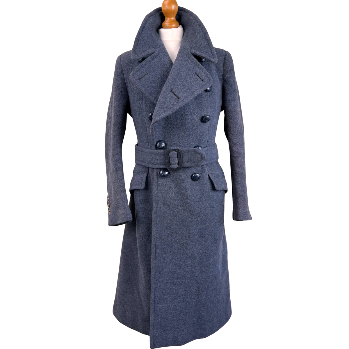 Women’s British RAF inspired greatcoat front view featuring a long wool overcoat silhouette, structured military styling and classic vintage detailing.