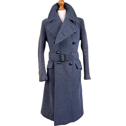 Women’s British RAF inspired greatcoat front view featuring a long wool overcoat silhouette, structured military styling and classic vintage detailing.