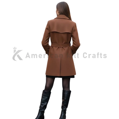 Back view of women’s brown wool blend pea coat featuring a tailored silhouette, long winter length, and matching waist belt.