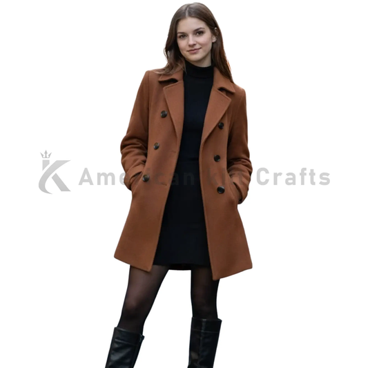Front view of women’s brown double-breasted wool blend trench coat with matching belt and classic winter outerwear design.
