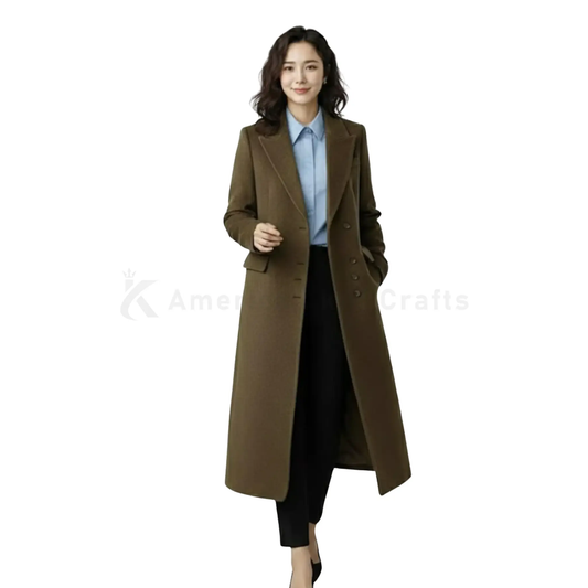 Front view of women’s brown wool longline trench coat featuring a classic tailored silhouette and elegant unisex winter overcoat design.