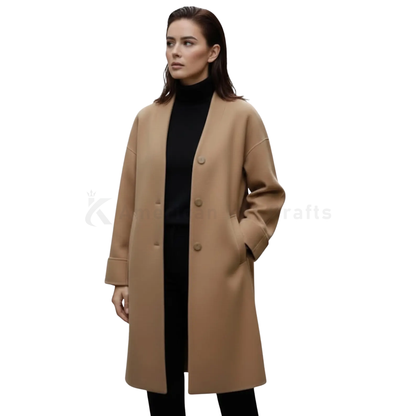 Side view of women’s camel wool long coat showing the clean straight-cut fit and minimalist winter overcoat styling.