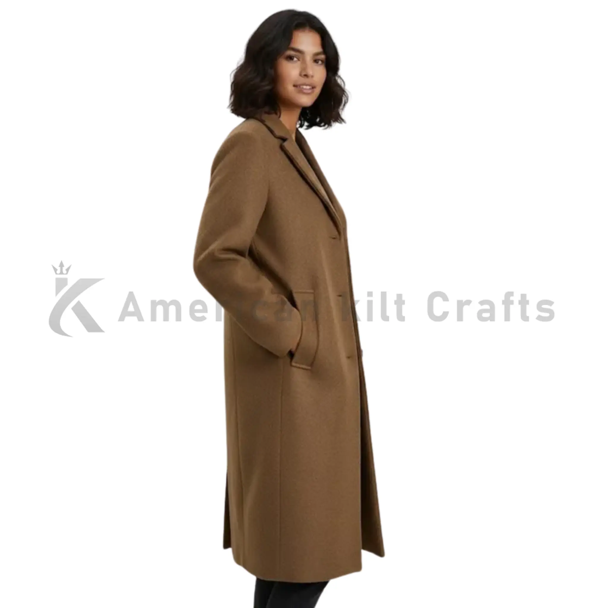 Side view of women’s camel single-breasted long winter coat showing the elegant tailored fit and classic overcoat length.