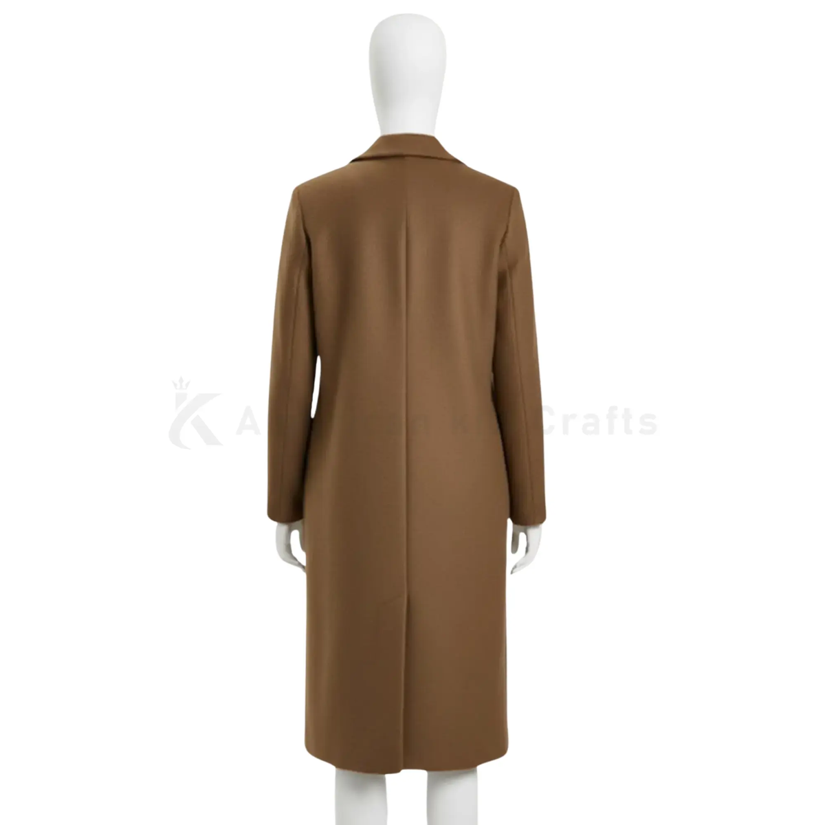 Back view of women’s camel wool blend overcoat showing the classic long silhouette and clean tailored winter coat design.