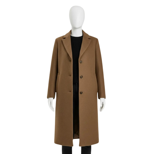 Women’s camel wool blend overcoat front view featuring a classic full-length winter coat design and elegant tailored fit.