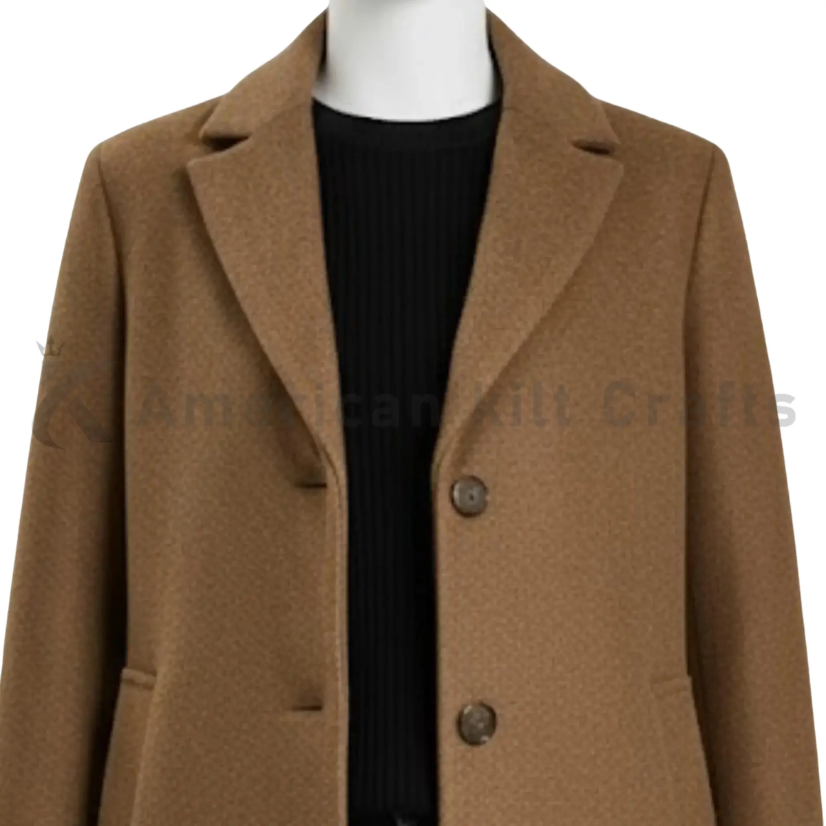 Close-up of women’s camel wool blend overcoat showing the fabric texture, stitching, collar and detailed coat construction.