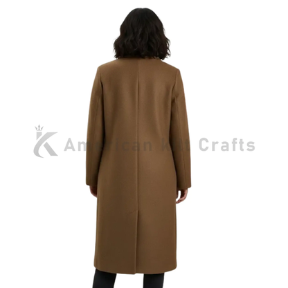 Back view of women’s camel wool blend long coat with a clean tailored silhouette and classic winter overcoat styling.