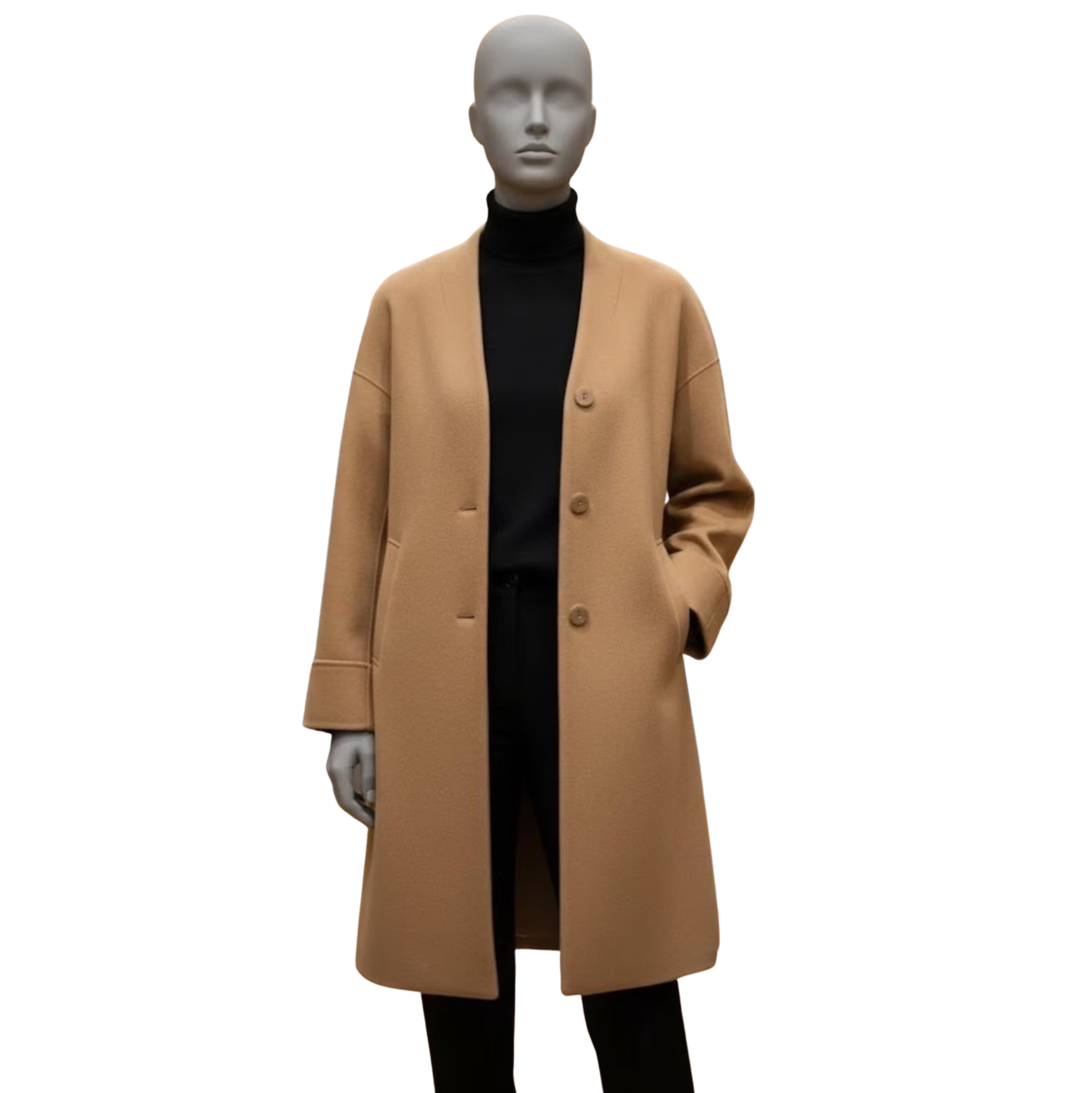 Women’s camel wool overcoat front view, straight cut minimalist long winter coat for elegant everyday wear
