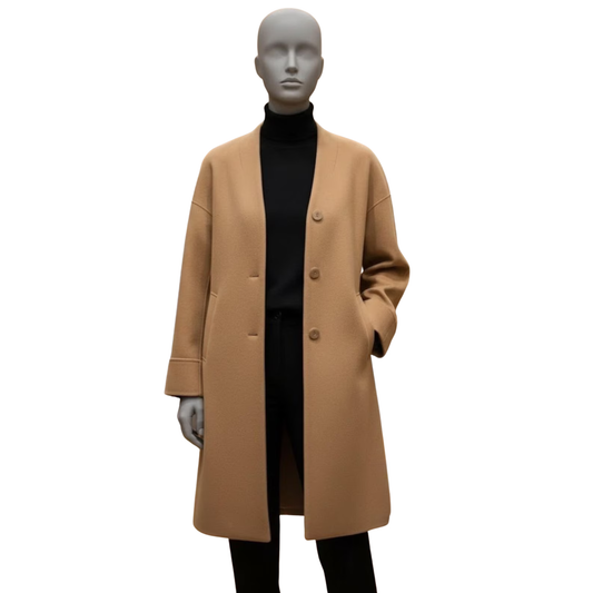 Women’s camel wool overcoat front view, straight cut minimalist long winter coat for elegant everyday wear