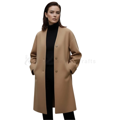 Front view of women’s camel wool overcoat featuring a straight-cut minimalist silhouette and elegant long winter coat design.