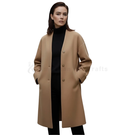 Front view of women’s camel wool overcoat featuring a straight-cut minimalist silhouette and elegant long winter coat design.