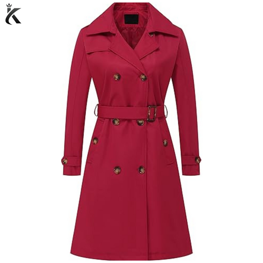 Front view of women’s double-breasted long trench coat featuring a detachable hood, belted waist, button closure, and elegant tailored silhouette.
