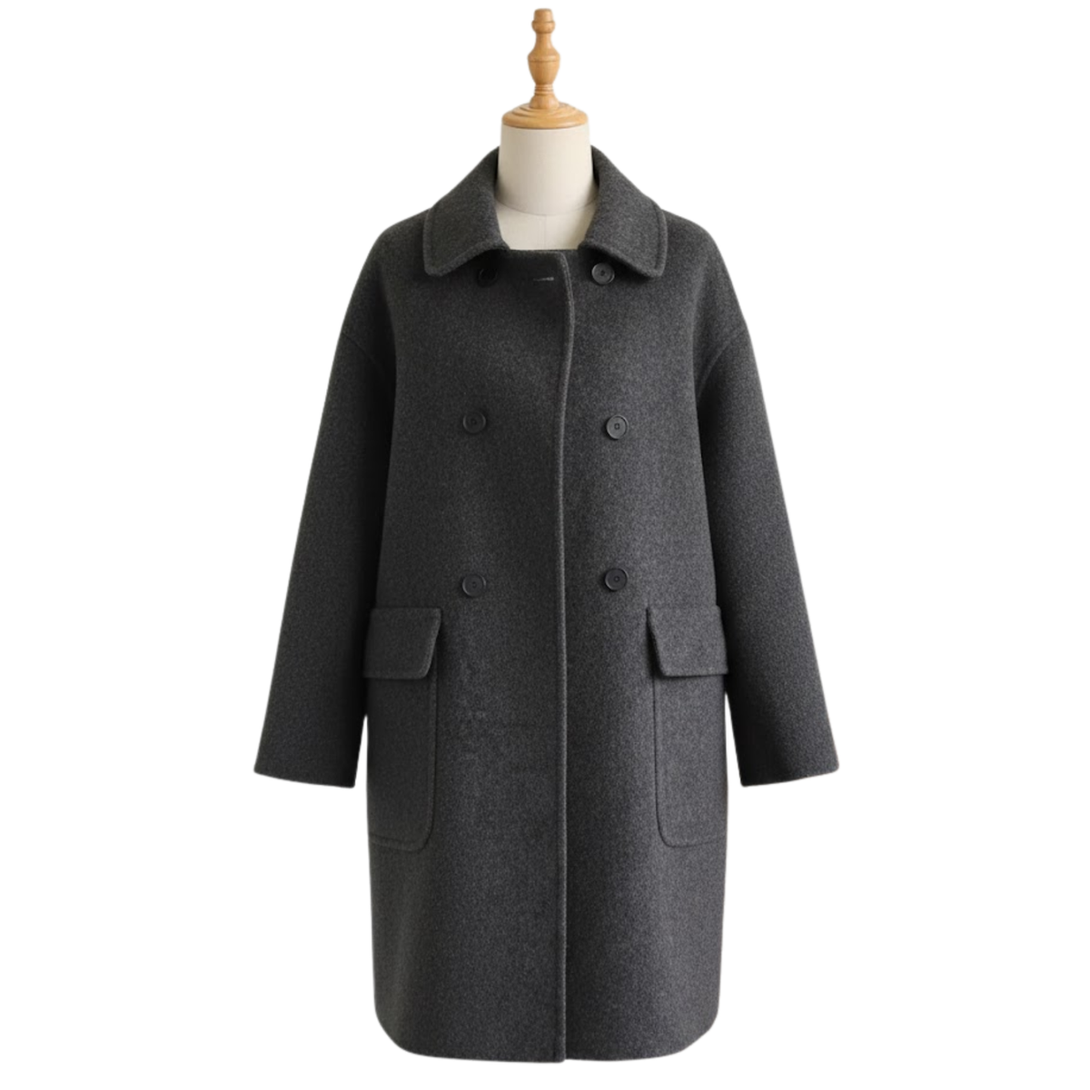 Pea coat front view on model, tailored wool blend winter overcoat with classic lapels.