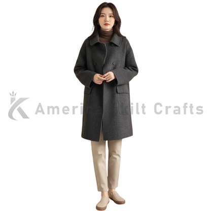 Women’s double breasted long pea coat front view on model, tailored wool blend winter overcoat with classic lapels.