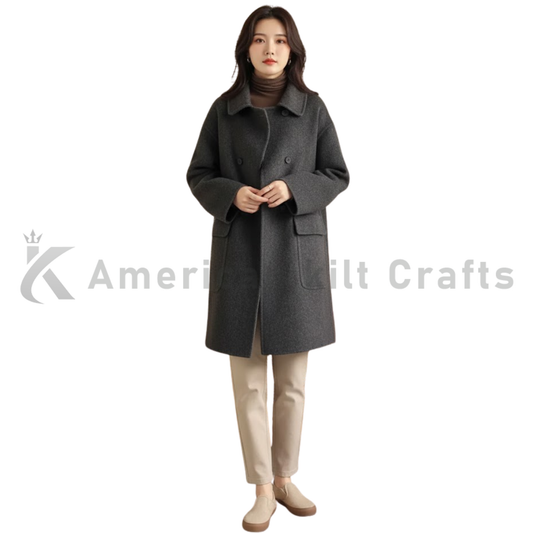 Women’s double breasted long pea coat front view on model, tailored wool blend winter overcoat with classic lapels.