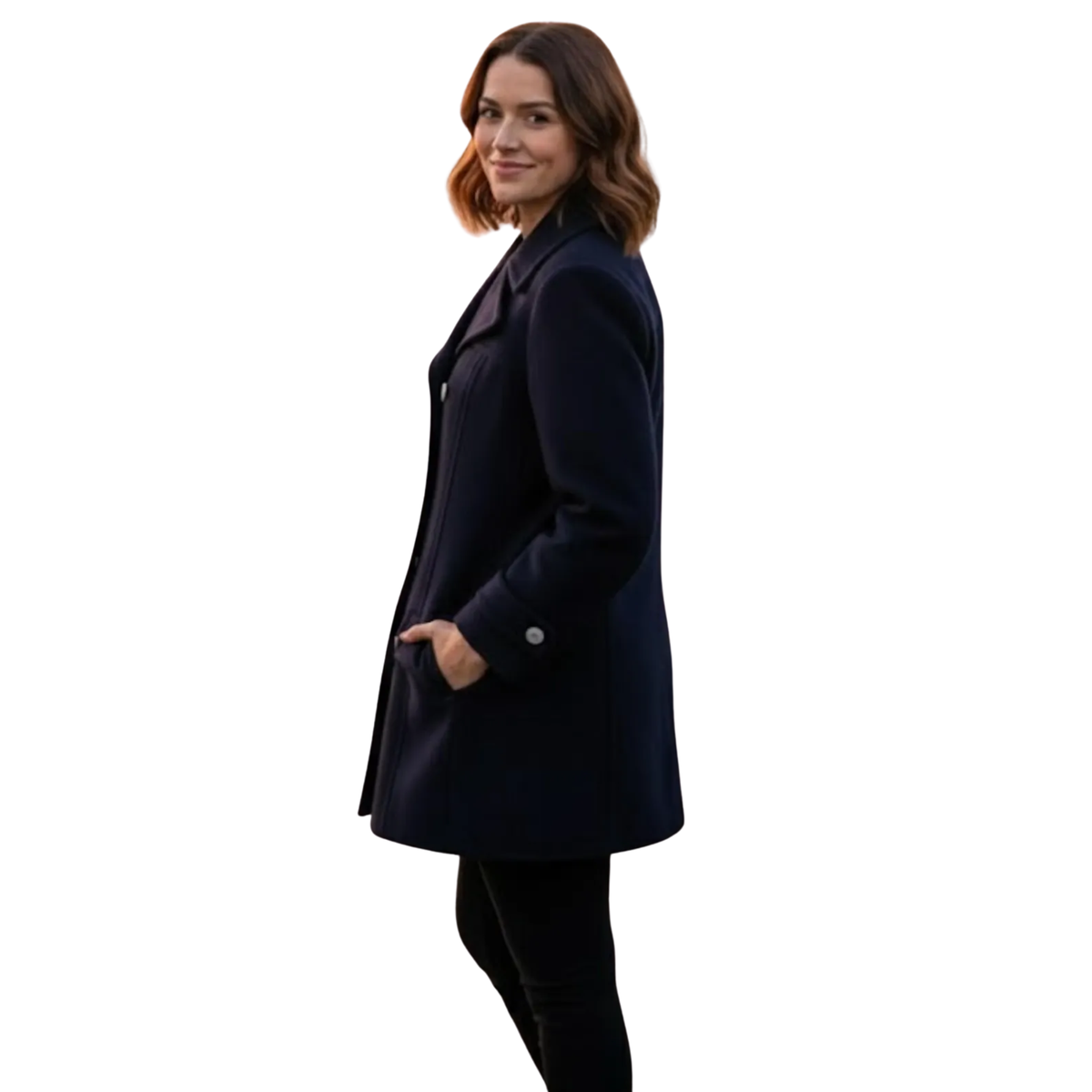 Side view of women’s French navy vintage wool pea coat showing the structured fit, tailored waist and classic military-inspired profile.