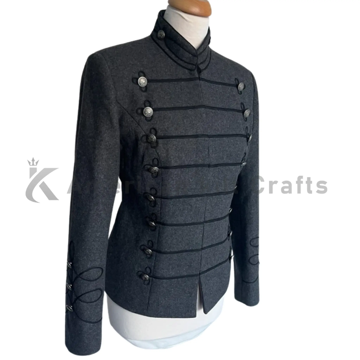 Side view of a women’s grey wool Hussar officer jacket showing its fitted waist, tailored sleeves and vintage military silhouette.