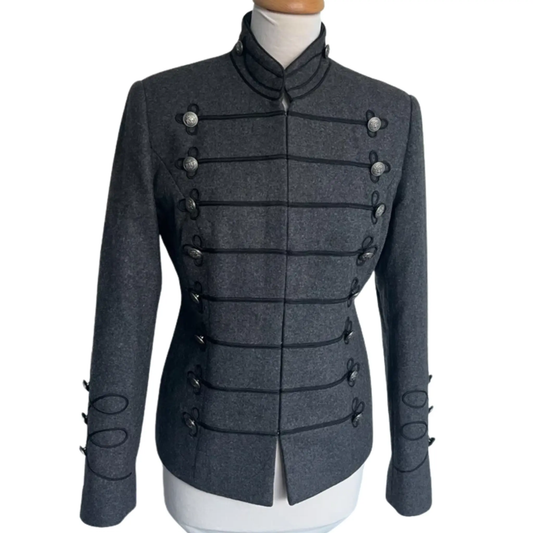 Front view of a women’s grey wool Napoleon military jacket featuring decorative Hussar braiding, structured shoulders and Victorian officer styling.