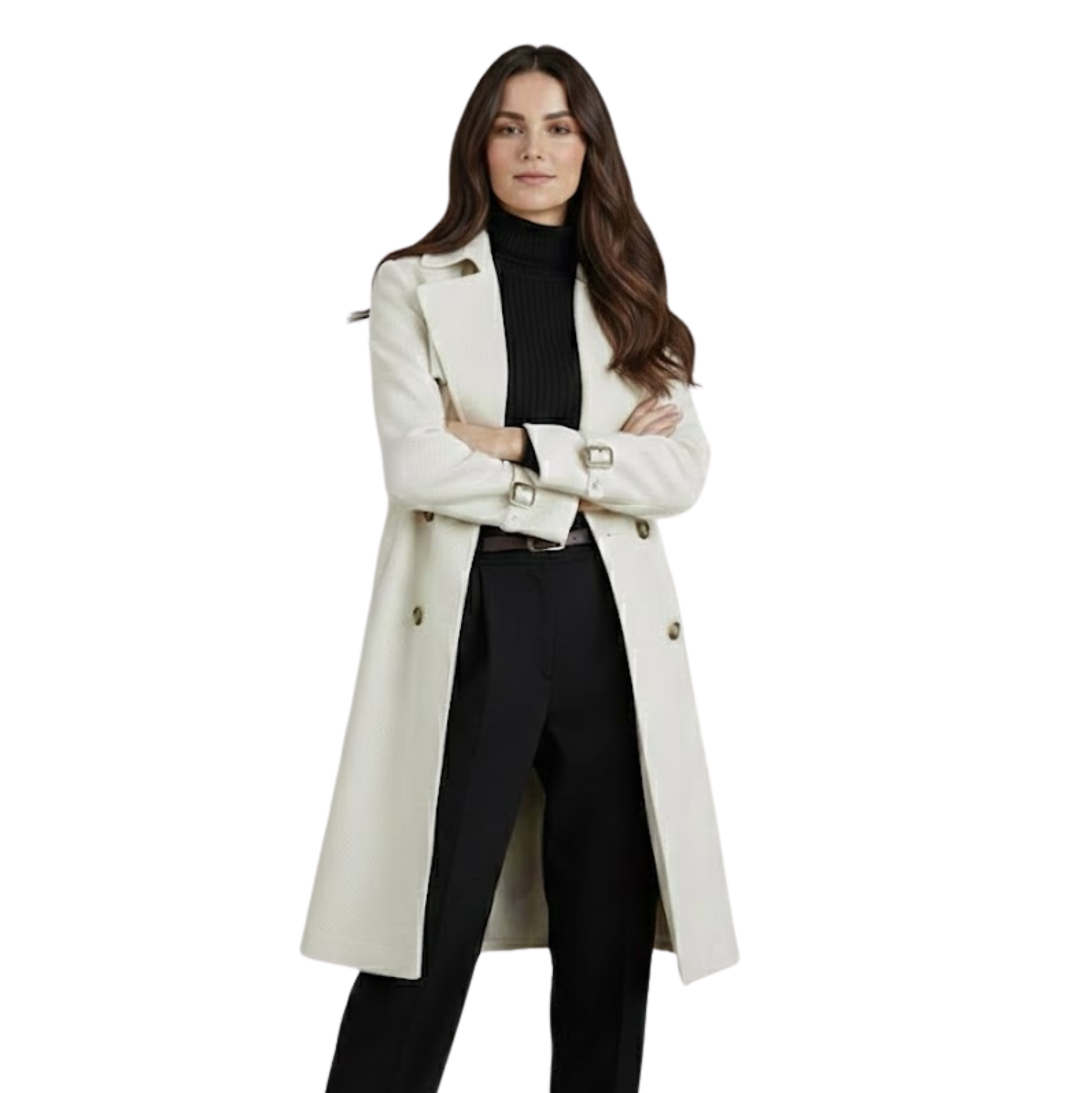 Elegant women’s long double-breasted trench coat with tailored fit, front view, stylish outerwear for formal and casual wear.