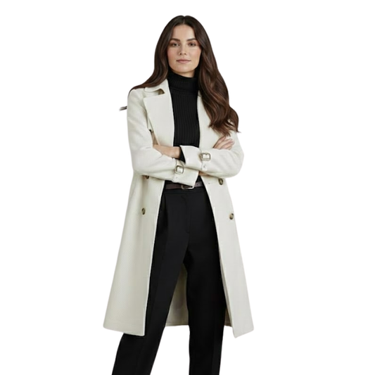 Elegant women’s long double-breasted trench coat with tailored fit, front view, stylish outerwear for formal and casual wear.