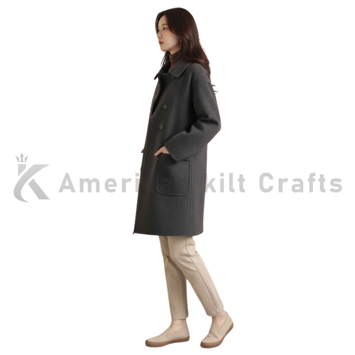 Side view of women’s long wool blend pea coat on model showing tailored fit, structured shoulders and winter styling.