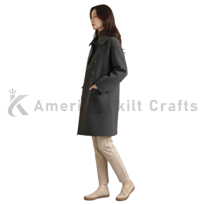 Side view of women’s long wool blend pea coat on model showing tailored fit, structured shoulders and winter styling.