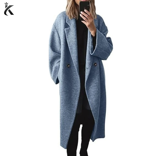 Women’s long wool winter coat front view featuring a double-breasted button closure, notch lapel collar, long sleeves, and tailored silhouette.
