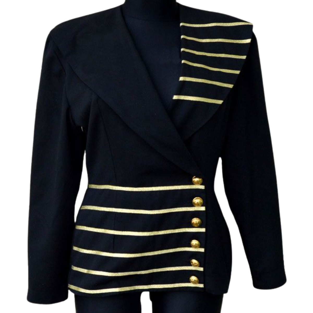 Women’s military steampunk blazer jacket with gold trim, structured front design and military chic style, front view.