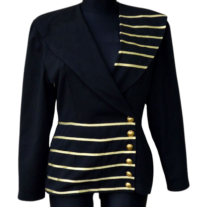 Women’s military steampunk blazer jacket with gold trim, structured front design and military chic style, front view.