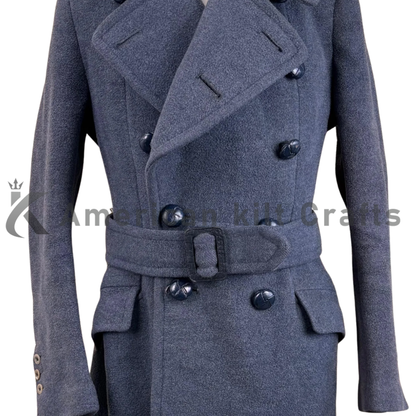 Close up of women’s British RAF greatcoat showing wool fabric texture, military inspired collar, buttons and tailored construction details.
