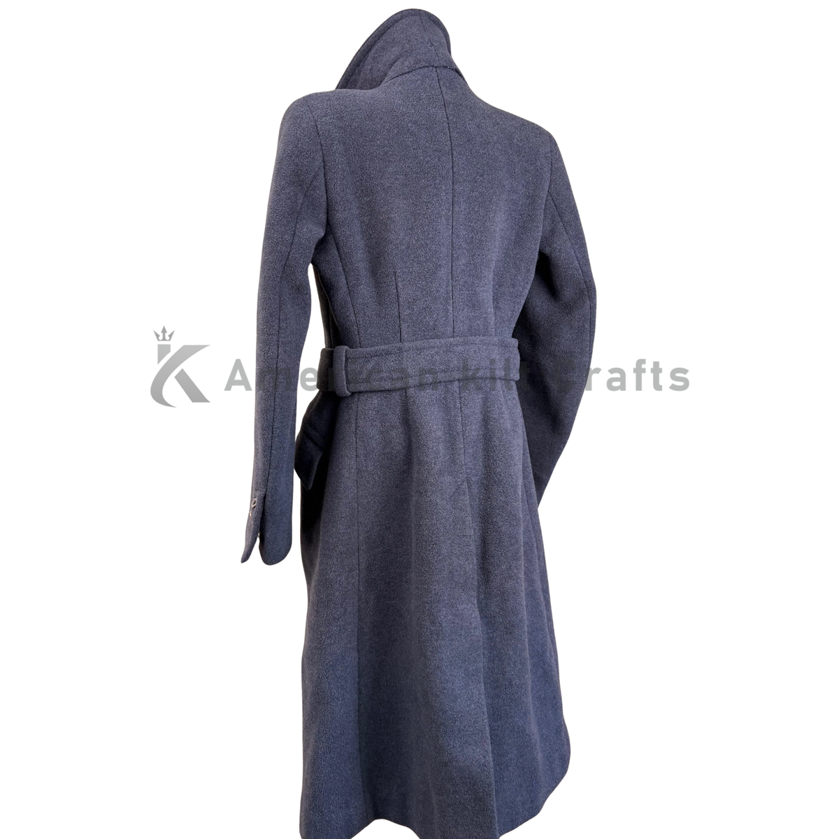 Back view of women’s vintage RAF wool greatcoat showing structured shoulders, long tailored silhouette and classic British military overcoat design.