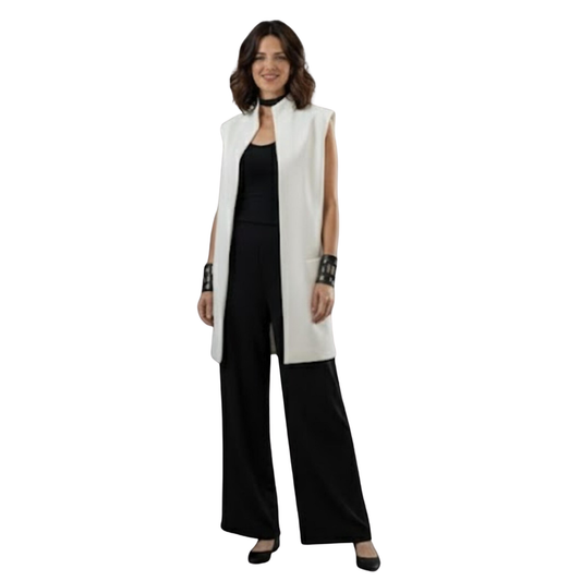 Women’s sleeveless wool longline vest coat with collarless design, front pockets, and above-knee length for elegant layering.