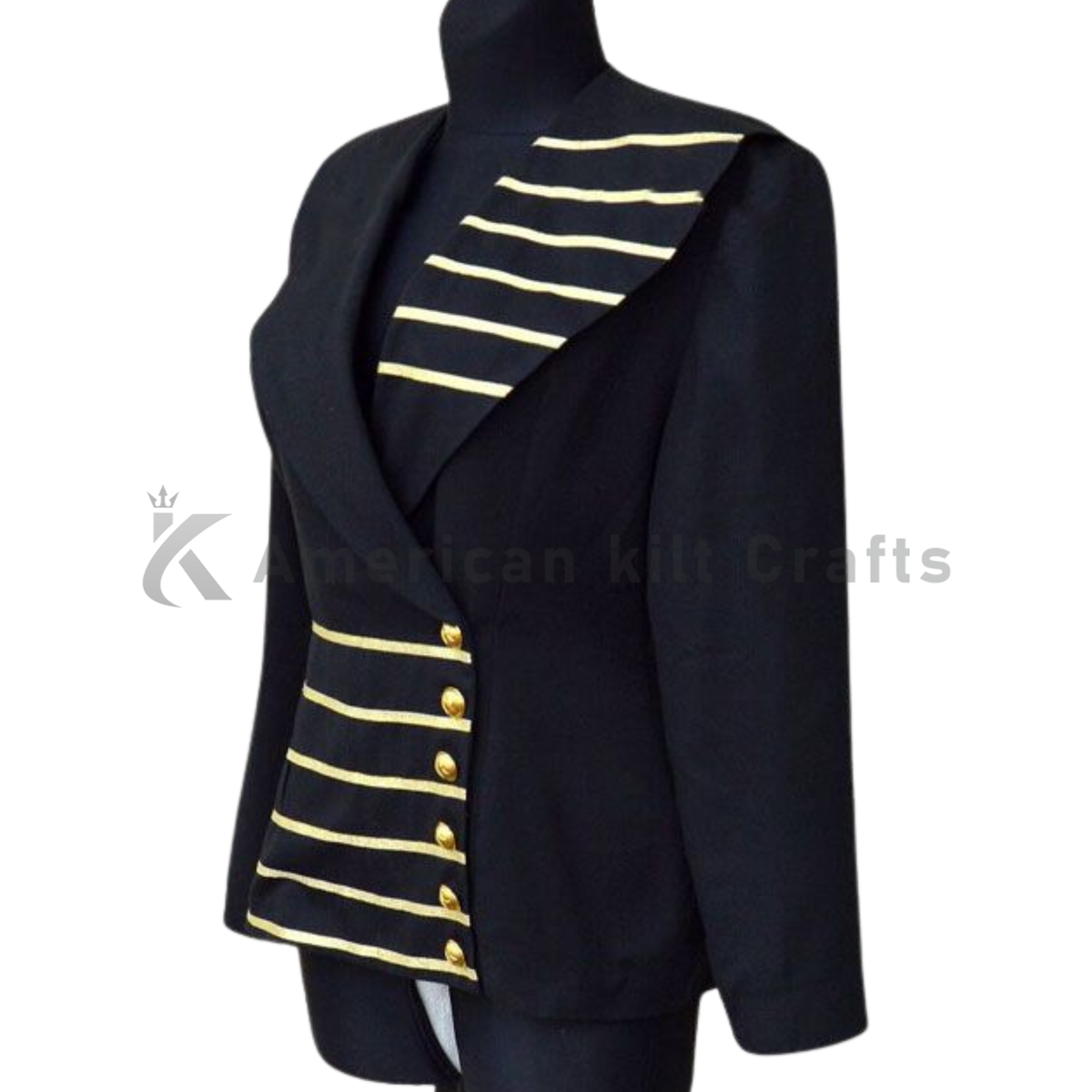 Women’s steampunk military blazer jacket with gold trim and fitted silhouette, side view.