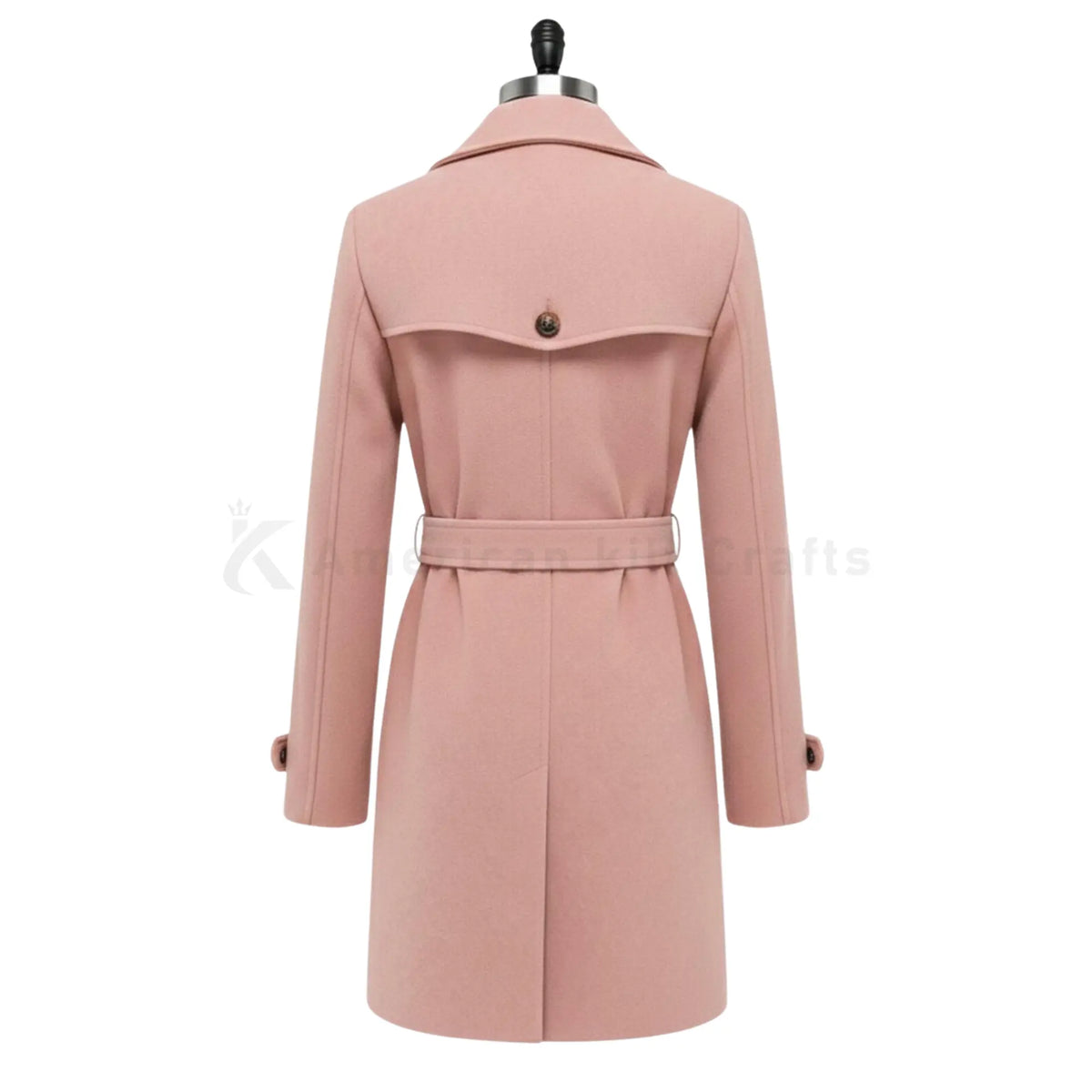Women's wool blend winter trench coat back view showcasing a tailored silhouette, belted waist, full-length sleeves and classic Pea coat design.