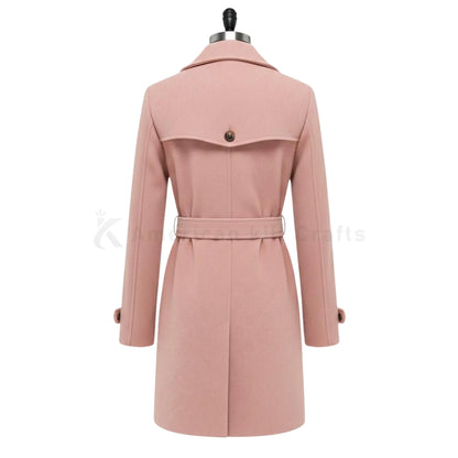 Women's wool blend winter trench coat back view showcasing a tailored silhouette, belted waist, full-length sleeves and classic Pea coat design.